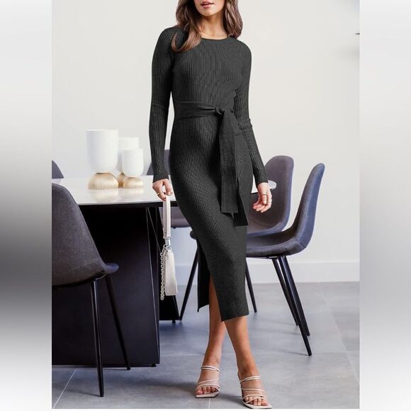Sweater Dress Ribbed Knit Crewneck Belted Side Slits Long Sleeve Black Size M - Picture 2 of 11